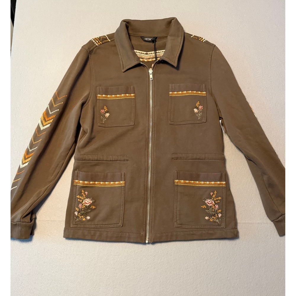 Driftwood Boho Floral Embroidered Zip Utility Jacket Green Womens Size S
